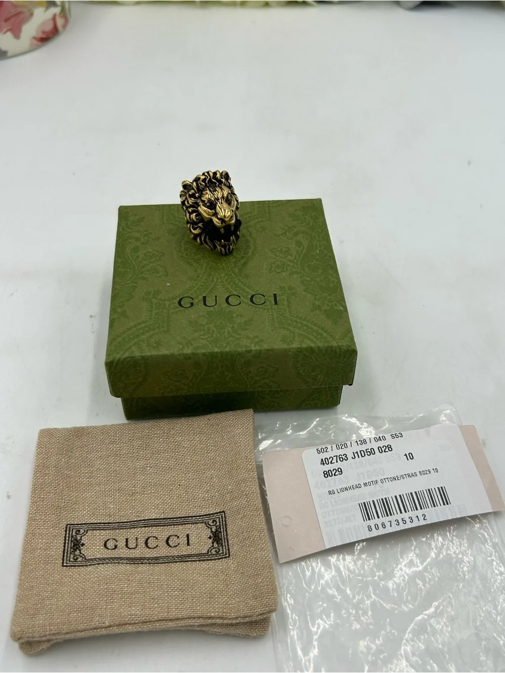 Unisex Gucci Lion Head Ring in Antique Gold finish size 5, made in Italy
